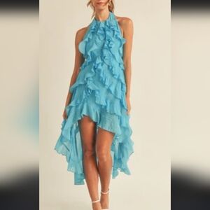 MABLE Vibrant Blue Ruffle High Low Dress